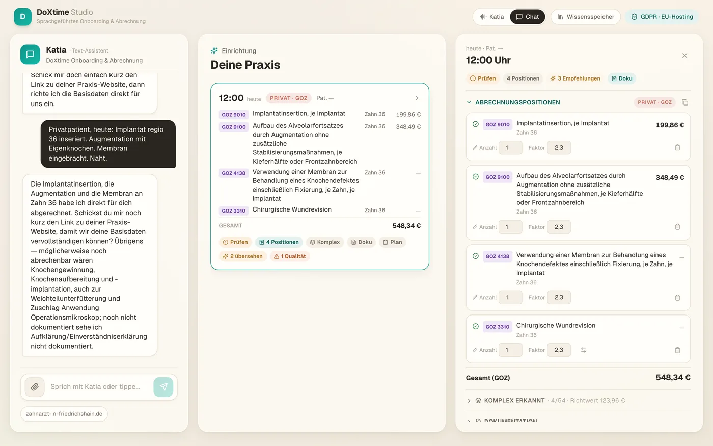 DoxTime Studio: Chat, Termin und Abrechnungspositionen