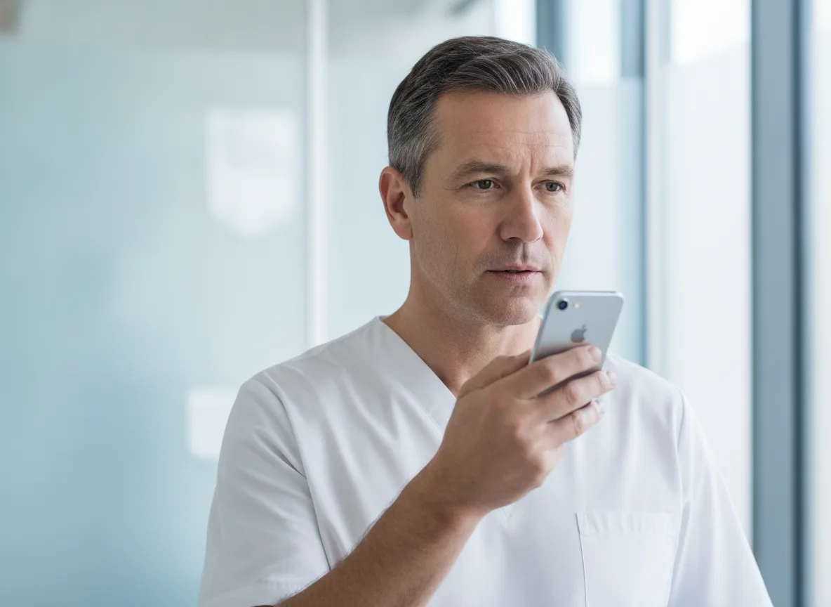 Zahnarzt diktiert Behandlungsnotizen in sein iPhone